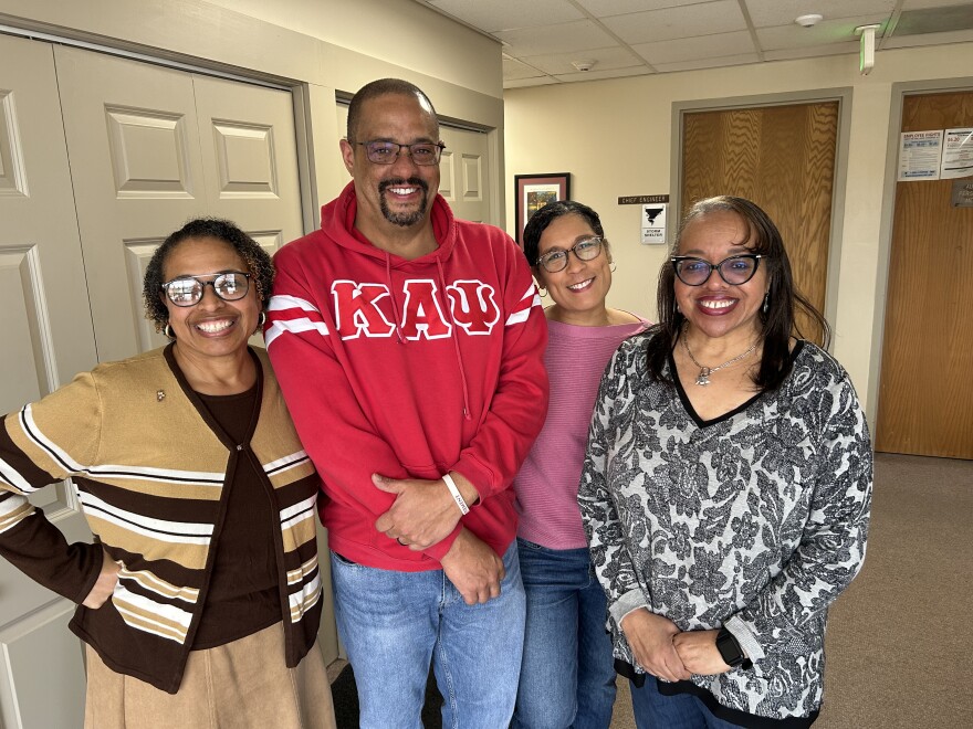 Guests on this What’s The Frequency show on Black History Month are, from left, Celeste Sudduth-Triplett, Terry Schrank, Margarite Reinert, and Monique Scarlett, all of Sioux City. (Bret Hayworth, Siouxland Public Media News)