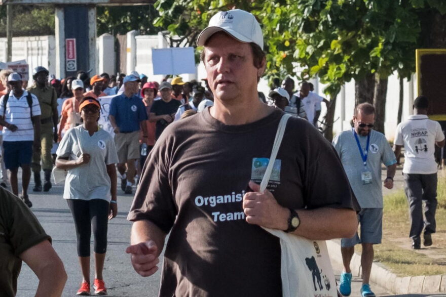 A picture taken on Jan. 14, 2017, shows South African conservationist Wayne Lotter taking part in the Walk for Elephants event endorsed by the Chinese embassy, in Dar es Salaam.
Lotter, a leading conservationist who had worked hard to bring down notorious elephant poachers and stop ivory trafficking, has been shot dead in Tanzania, his PAMS foundation said on Aug. 20, 2017. (Daniel Hayduk/AFP/Getty Images)