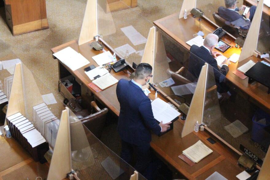 Sen. Tony Vargas of Omaha debates LB241 on the floor of the Nebraska legislature. The bill recently passed its first round of three approvals needed to arrives at Gov. Pete Ricketts' desk.