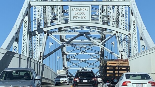 Cars drive across the Sagamore Bridge in October 2019.