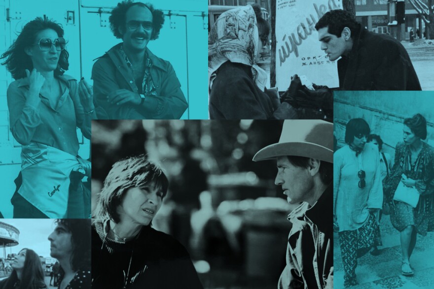 Clockwise from top left: Carolyn Pfeiffer, Shep Gordon, and Alan Rudolph on the set of "Roadie (photo by Joyce Rudolph), Pfeiffer and Omar Sharif on the set of "Doctor Zhivago" (Carolyn Pfeiffer archive), Liza Minnelli and Pfeiffer in Positano, Italy (Carolyn Pfeiffer archive), Pfeiffer and Sam Shepard on the set of "Far North" (Alive Films Archive), and Pfeiffer and Alice Cooper at a London fair (Carolyn Pfeiffer archive).