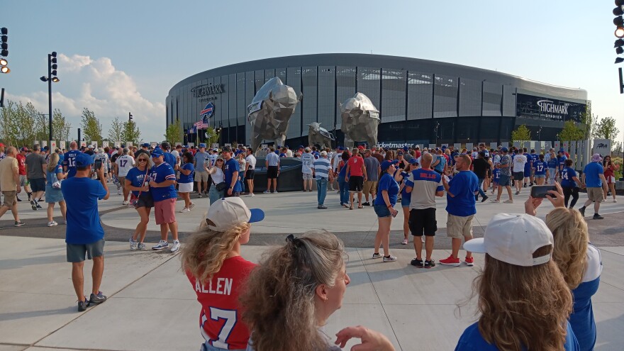 Fans approach Highmark Stadium Saturday, August 8, 2026 in advance of the Buffalo Bills 'Return of the Blue and Red' practice, the first public event to be held in the new stadium.