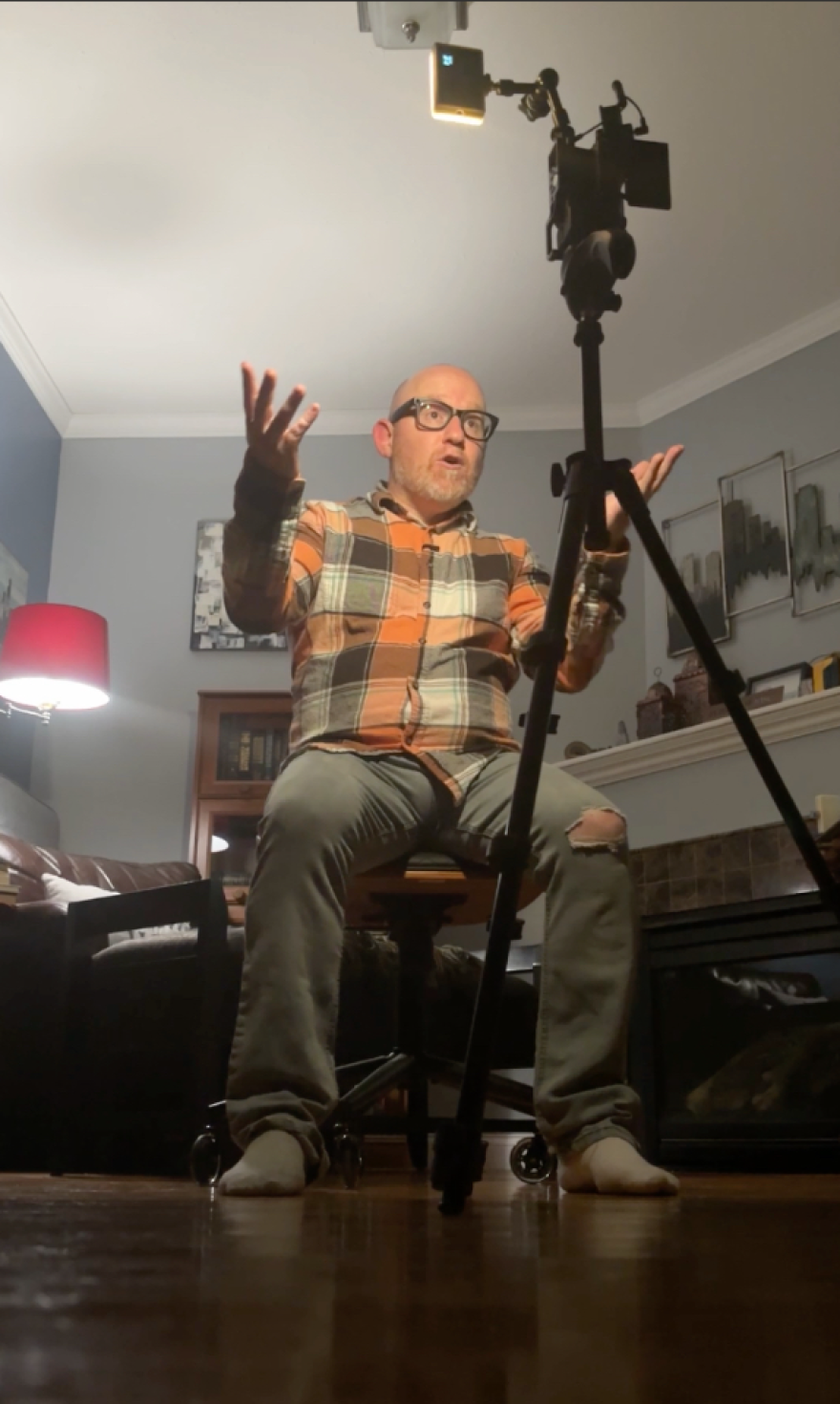 MSU journalism professor and filmmaker Troy Hale films himself. Hale directed the experimental short film Humanity (1984/2026).