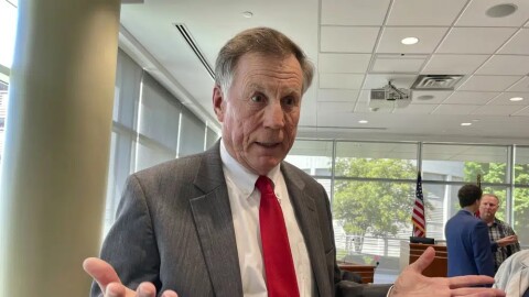 North Carolina Insurance Commissioner Mike Causey talks to reporters about a bill that would let Blue Cross Blue Shield of North Carolina reorganize, Monday, April 24, 2023, at the Albemarle Building in Raleigh, N.C.