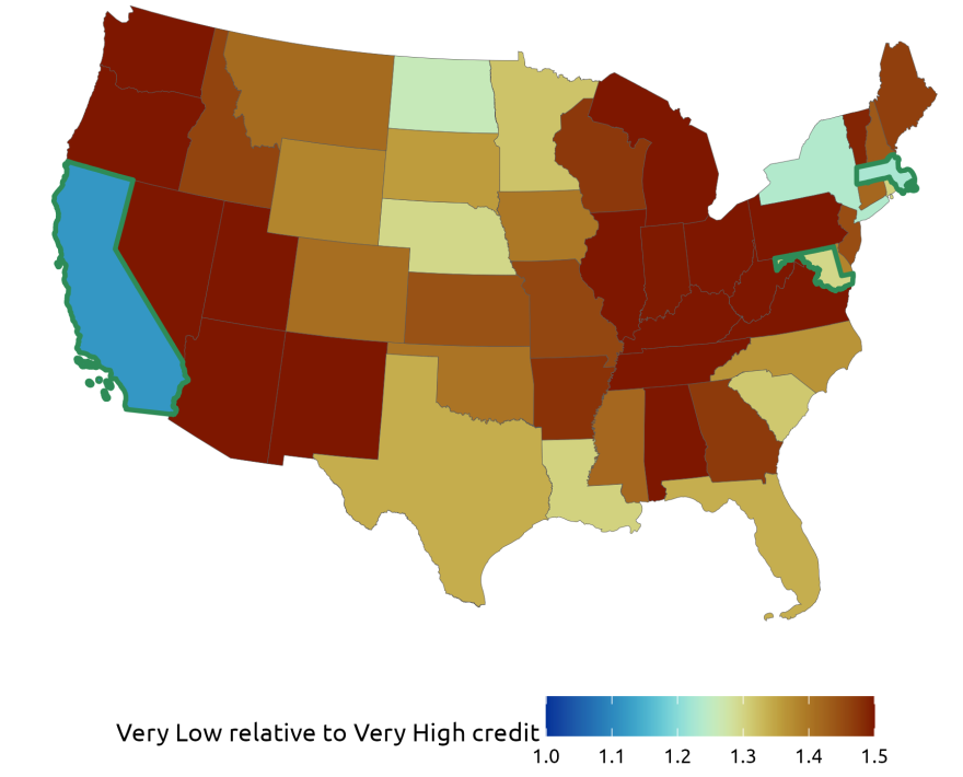 This map illustrates the ratio between homeowners insurance premiums for low-credit-score customers and high-credit-score customers. Those ratios are notably high in several Mountain West states.  
