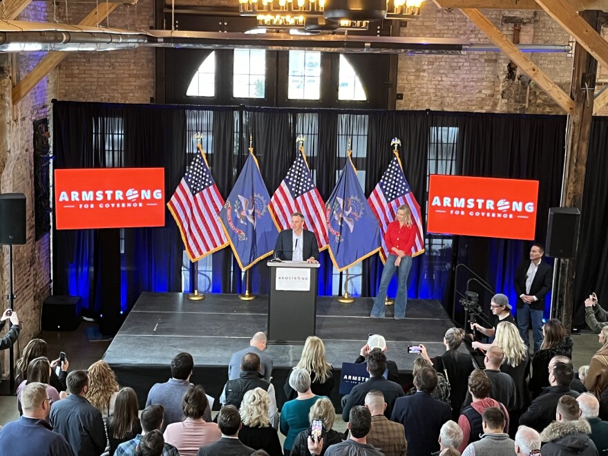 Congressman Kelly Armstrong addresses a crowd at Drekker Brewing Company in Brewhalla in Fargo, kicking off his campaign for governor.