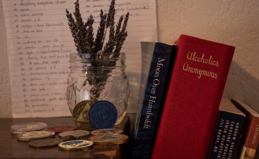 Jim Hight’s book, Moon Over Humboldt, shelved against the big book of Alcoholics Anonymous.