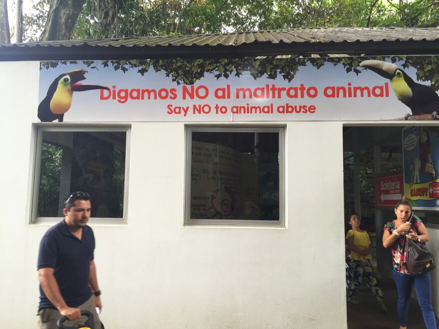 Visitors enter the front gate of ZooAve Animal Rescue, Grecia the toucan's permanent home.