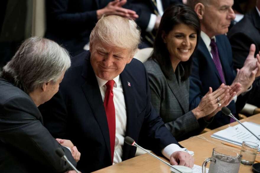 President Trump and U.N. Secretary-General Antonio Guterres shake hands during a meeting at U.N. headquarters in New York on Monday. Trump will address the General Assembly on Tuesday