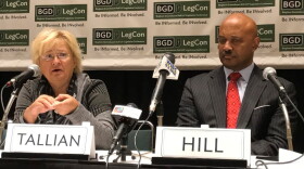 Sen. Karen Tallian (D-Ogden Dunes) next to incumbent Republican Attorney General Curtis Hill at a 2017 legislative conference.