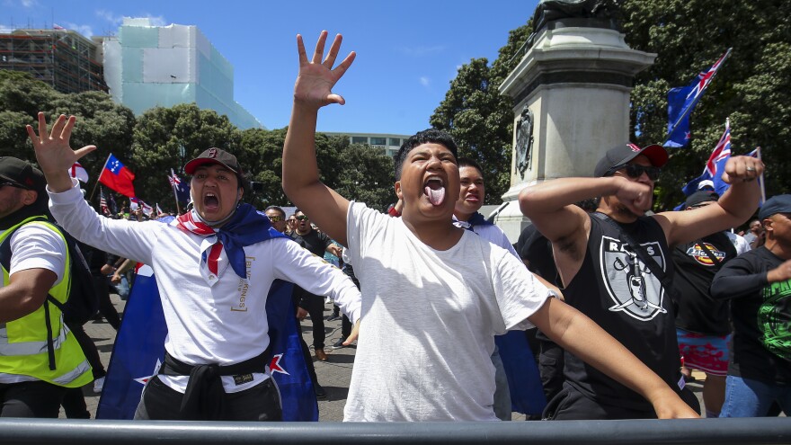 WELLINGTON, NEW ZEALAND - NOVEMBER 09: Protestors perform a haka during a Freedom and Rights Coalition protest at Parliament on November 09, 2021 in Wellington, New Zealand. Protesters gathered outside parliament calling for an end to Covid restrictions and vaccine mandates in New Zealand. (Photo by Hagen Hopkins/Getty Images)