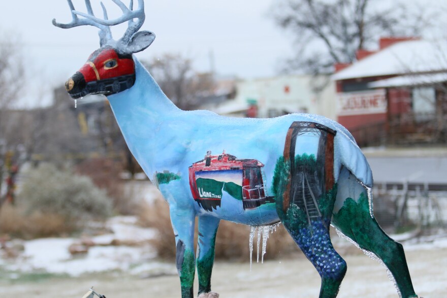 A deer sculpture greets visitors to Llano with ice sickles. Llano bills itself as the deer hunting capital of Texas.