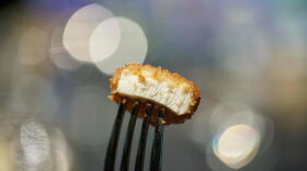 A nugget made from lab-grown chicken meat is seen during a media presentation in Singapore, the first country to allow the sale of meat created without slaughtering any animals.