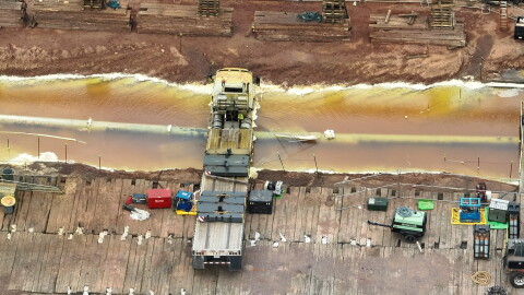 Picture of a semi which rolled into an excavation site, damaging the Enbridge Line 5 pipeline