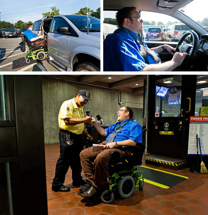 (Top left) Olsen re-enters his van to drive to an alternative Metro entrance after learning that one of the elevators is not working. (Top right) Olsen often leaves for work early to avoid crowded cars during rush hour. (Bottom) Olsen greets Metro station employee C.A. Phang at the Shady Grove Metro station.