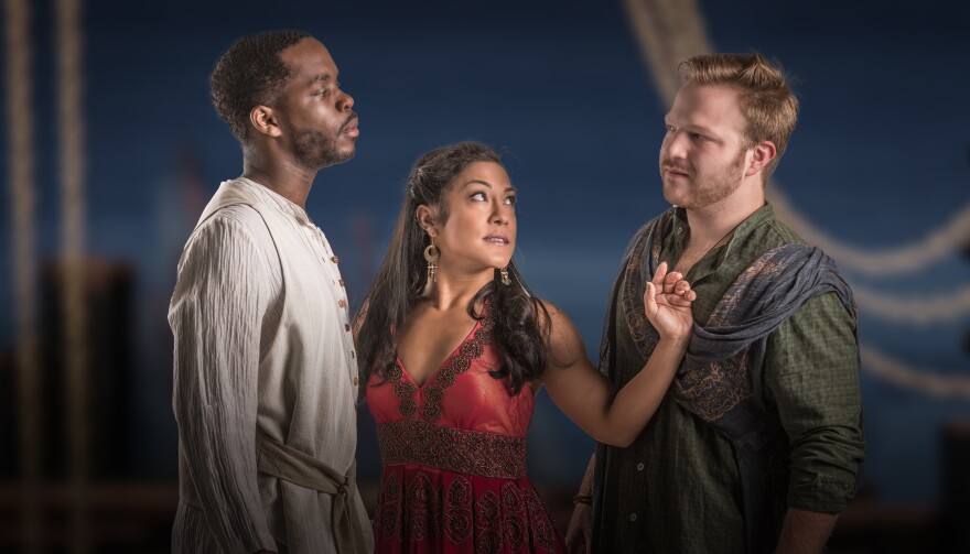 Prentiss E. Mouton as Jesus [left], Chase Kamata as Mary and Alex Stone as Judas [right] in Tulane Summer Lyric Theatre’s upcoming production of “Jesus Christ Superstar.”