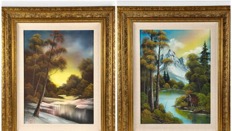 two side-by-side paintings. on left if a winter stream with yellow sky and trees. on right is a snowy mountain top with a lake/stream and a small cabin in the trees.