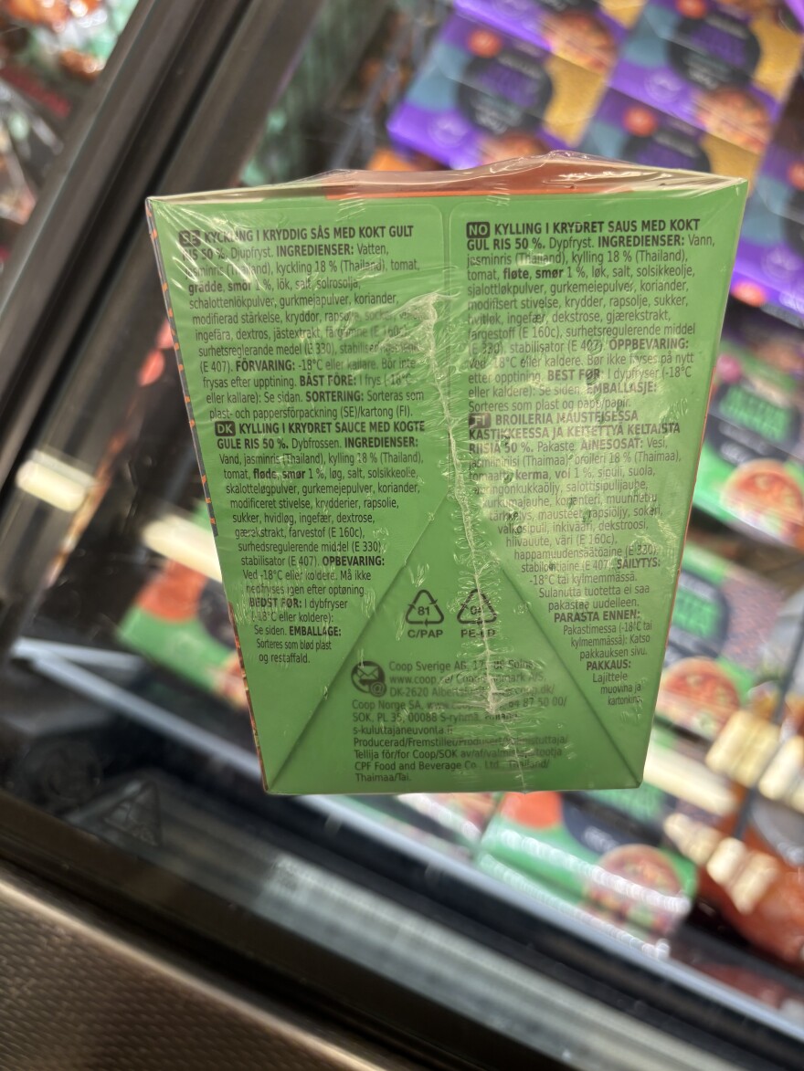 Ingredients on a Danish grocery item at the Lokal Brugsen Supermarket in Brabrand, Denmark