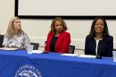 Search committee chair Summer Nunn, CMS board Vice Chair Stephanie Sneed and Superintendent Crystal Hill (l-r) spoke at a news conference a couple of hours after the vote to hire Hill.