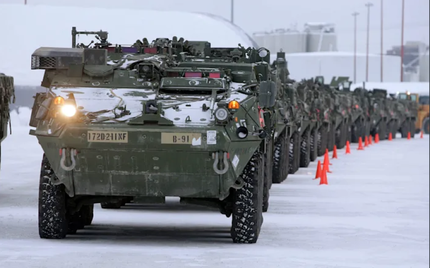 Stryker vehicles like these and other Army rigs will be moving in convoys on the Richardson Highway from Fort Wainwright to a big field-training exercise in the Donnelly Training Area and back throughout March.