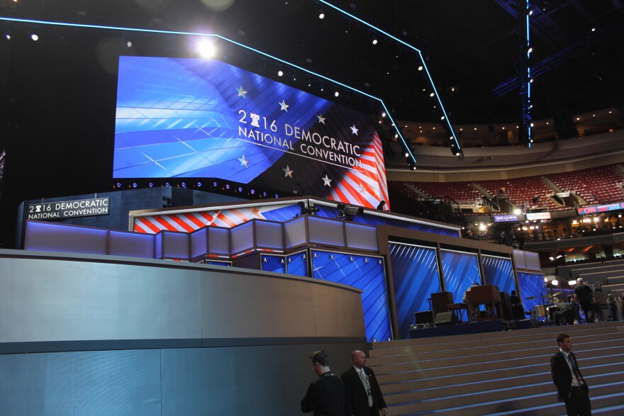 Workers were working out the kinks of the video and sound systems on Sunday at the Wells Fargo Center.