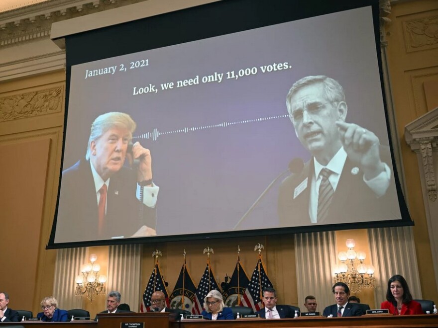 An audio recording of former President Donald Trump talking to Georgia Secretary of State Brad Raffensperger is played during the ninth House Select Committee hearing to Investigate the Jan. 6 attack on the U.S. Capitol.