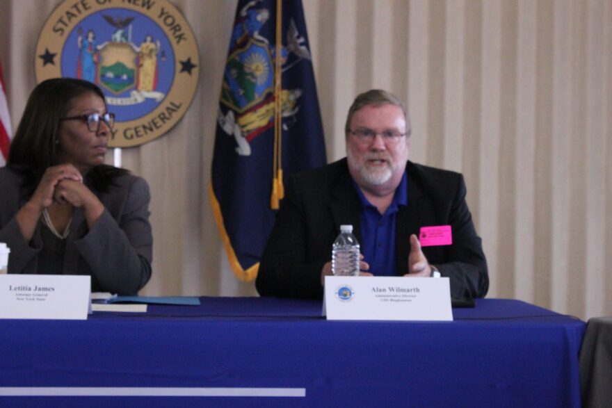 Alan Wilmarth, Administrative Director of Behavioral Health at UHS speaks during a panel discussion in Binghamton on Friday, April 12, 2019. (WSKG Public Media/Celia Clarke)