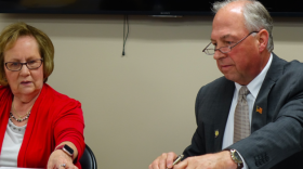 Daleville Community School's Board President Diane Evans, left, and Superintendent Paul Garrison during a meeting at the district office in August 2019.