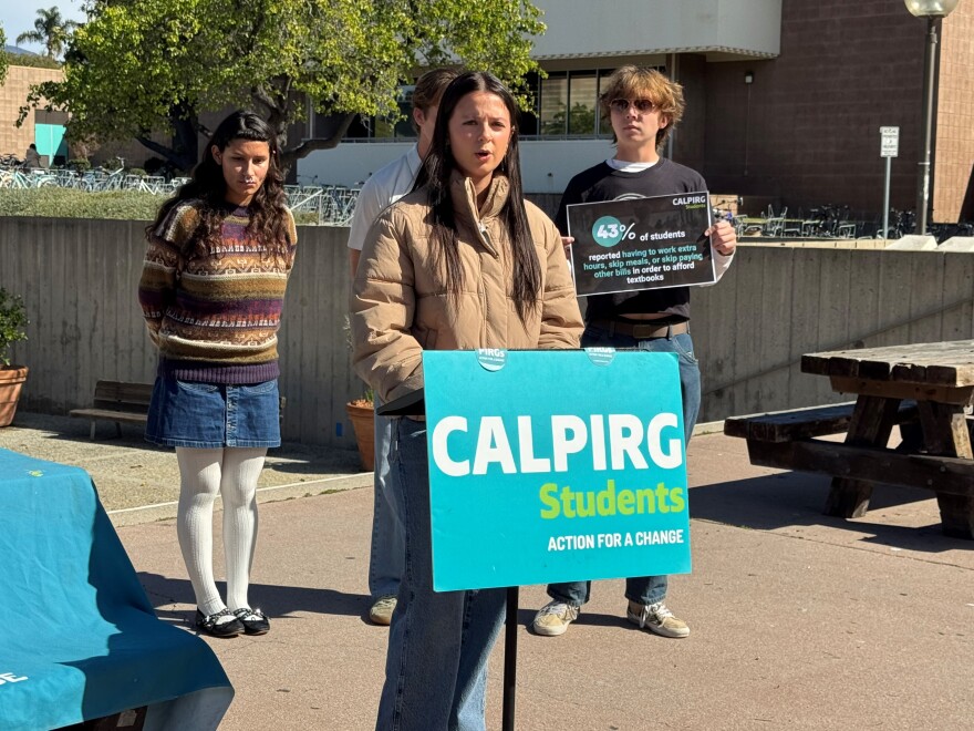 UCSB student Carly Christopher described the hardship of extra costs like tuition and source material access, as well as submitting assignments online