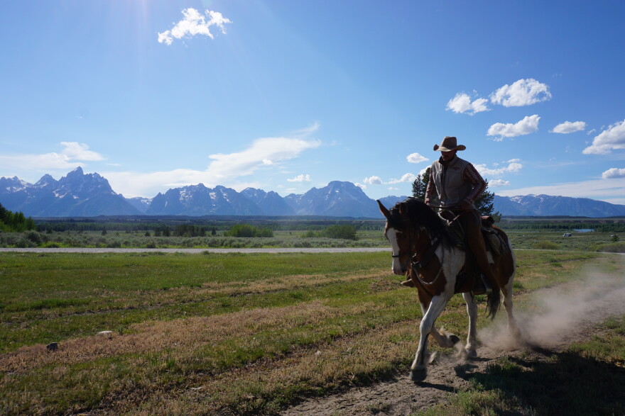 A person in a cowboy hat rides a horse in front of looming granite peaks on a blue sky day.