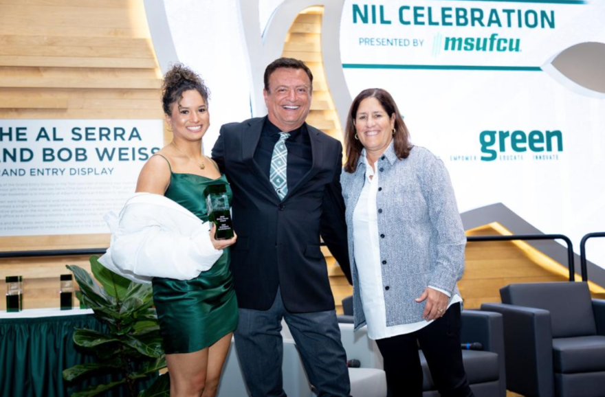 Sophomore gymnast Skyla Schulte accepts an award at the EverGreen NIL Celebration held at the Tom Izzo Hall of History.