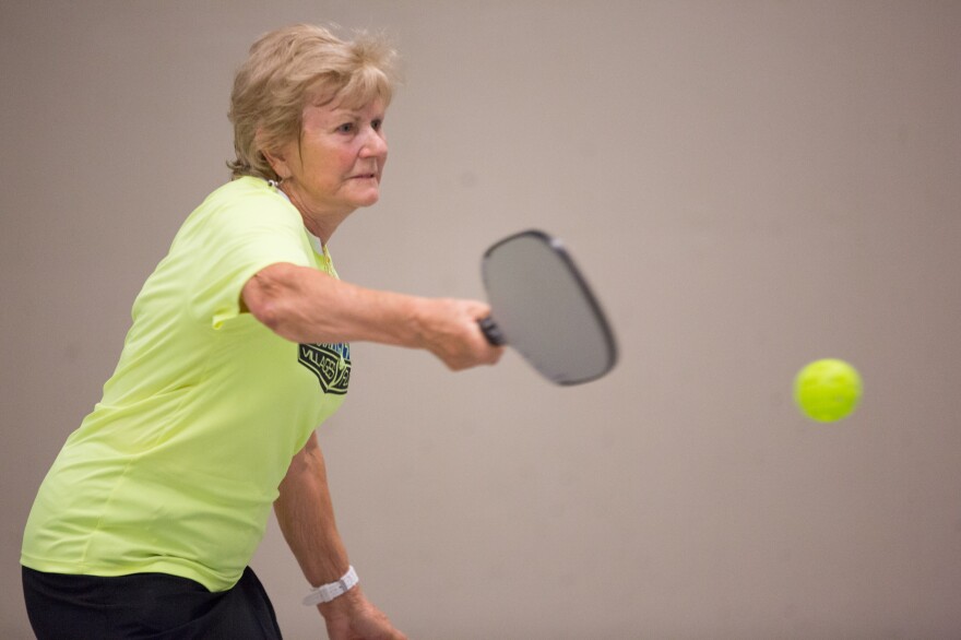 Rosemarie Pietromonaco practices pickleball at the Cleveland Convention Center on July 27.