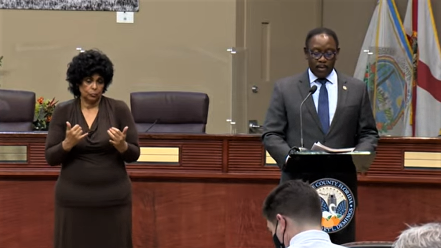 Orange County Mayor Jerry Demings speaks at press conference on Tuesday afternoon. Image: Orange County via YouTube