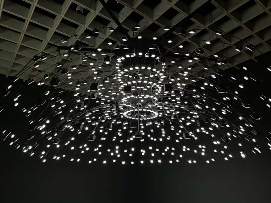 The Fragility of the Promise, by Kedgar Volta, is an installation of moving lights, made to represent the shifting nature of relationships as people (lights) move into and out of your life. Volta, who is Cuban, was stuck in Florida and could not visit home during the pandemic. Photo: Nicole Darden Creston, WMFE