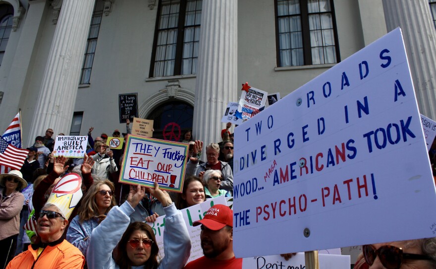 No Kings crowd gathered on the steps on Thalian Hall.