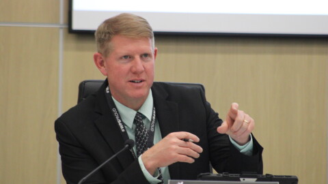 Wichita Superintendent Kelly Bielefeld speaks during the school board meeting on Monday. He says the district is not abandoning the concept of neighborhood schools.