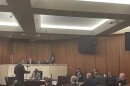 Attorney Eric Bland speaks in the Richland County Courthouse on Monday, Oct. 13, 2025, during the state sentencing hearing for former bank CEO Russell Laffitte, right center.