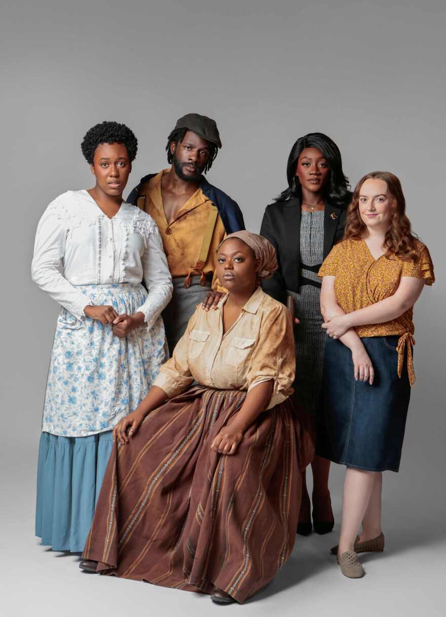 The cast of ‘Confederates’ (clockwise from front, seated): Moriah Cary, Canela Vasquez, Peterly Jean-Baptiste, Jazzmin Carson and Laura McKennan.