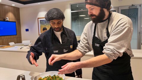 Dr. Mahesh Krishna and Dr. Johnny Allsop are making peanut tofu stir fry at Yale New Haven Health's Teaching Kitchen in New Haven, Connecticut on May 15, 2026.