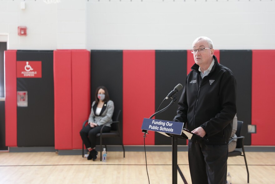 N.J. Gov. Phil Murphy discussing school funding at Thomas Jefferson Middle School in Fair Lawn, N.J. on Feb. 24, 2021