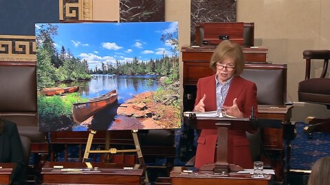 In this image from Senate Television video, Sen. Tina Smith, D-Minn., speaks about the Boundary Waters in northern Minnesota, on the Senate floor at the U.S. Capitol in Washington, Wednesday, April 15, 2026.