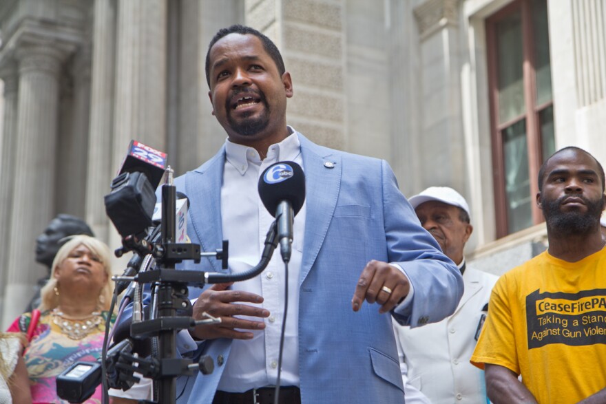 Pa. State Senator Sharif Street advocated for job creation programs to fight gun violence in the city of Philadelphia at a press conference at City Hall on June 28, 2021.