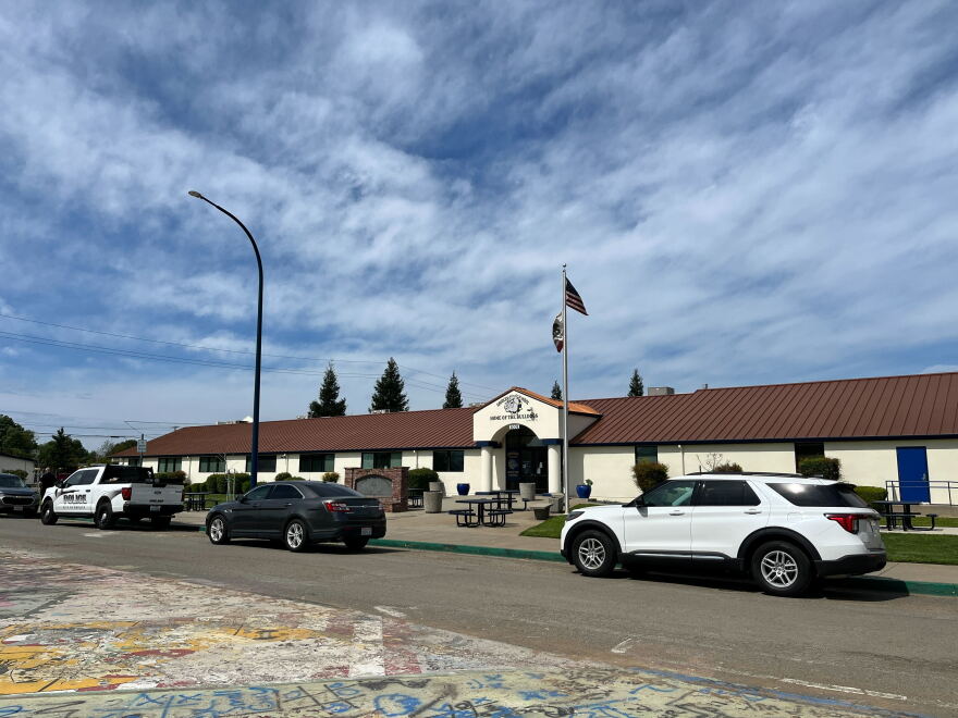 Police vehicles are parked in front of Gridley High School hours after a stabbing incident on March 26, 2025 in Gridley, Calif.