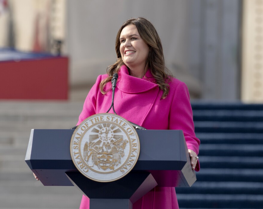 Sarah Huckabee Sanders addresses the crowd outside the State Capitol on Jan. 10, 2023, after she was sworn in as Arkansas’ 47th governor.