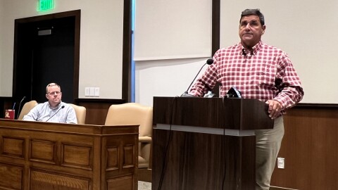David Noyes, site vice president at the Pilgrim Nuclear Power Station for Holtec Decommissioning International, speaks at Monday's meeting of the Nuclear Decommissioning Citizens' Advisory Panel. Seated near him is panel member David Bryant of the Massachusetts Emergency Management Agency.