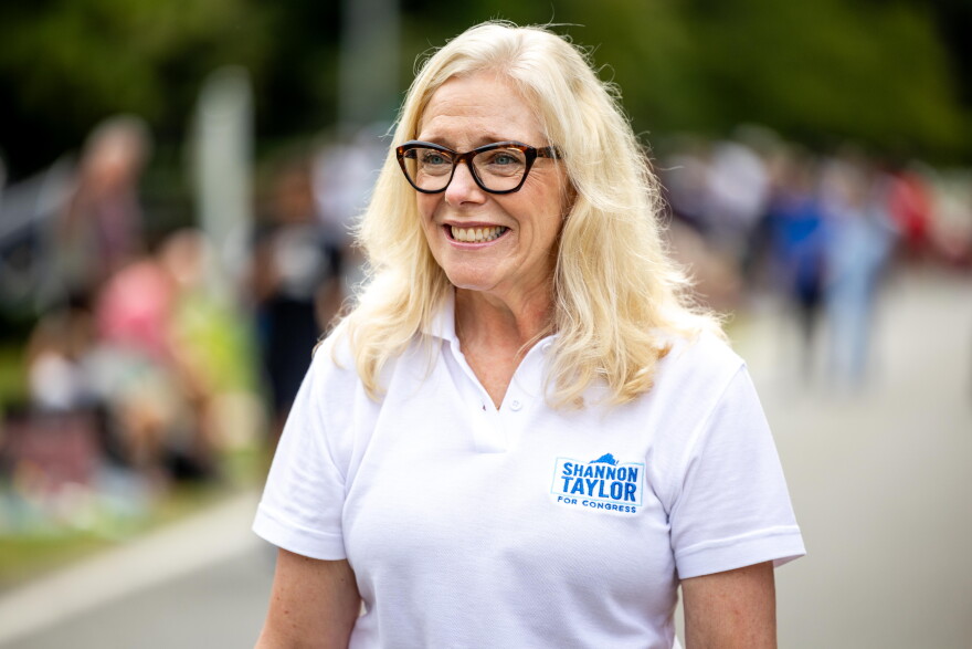 Democratic congressional candidate Shannon Taylor participates in the 30th annual Glen Allen Day parade on Saturday, Sept. 19, 2026, in Glen Allen, Va.