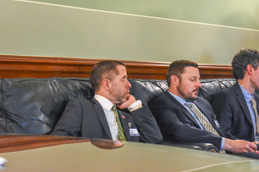 Jed Thorp, Save the Bay’s director of advocacy, looks out over the Senate Lounge ahead of an over three-hour meeting conducted by the chamber’s Committee on Environment and Agriculture on Wednesday, May 7, 2025.