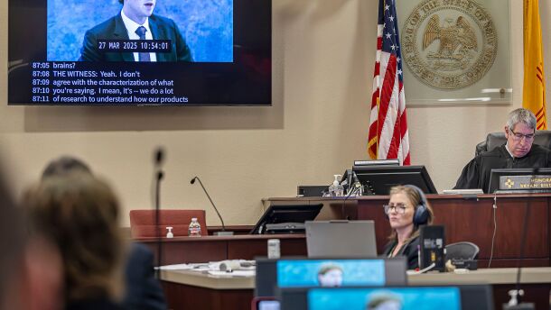 A recording of Meta Founder and CEO Mark Zuckerberg's deposition is played for the jurors on Wednesday, March 4, 2026, in Santa Fe, N.M.