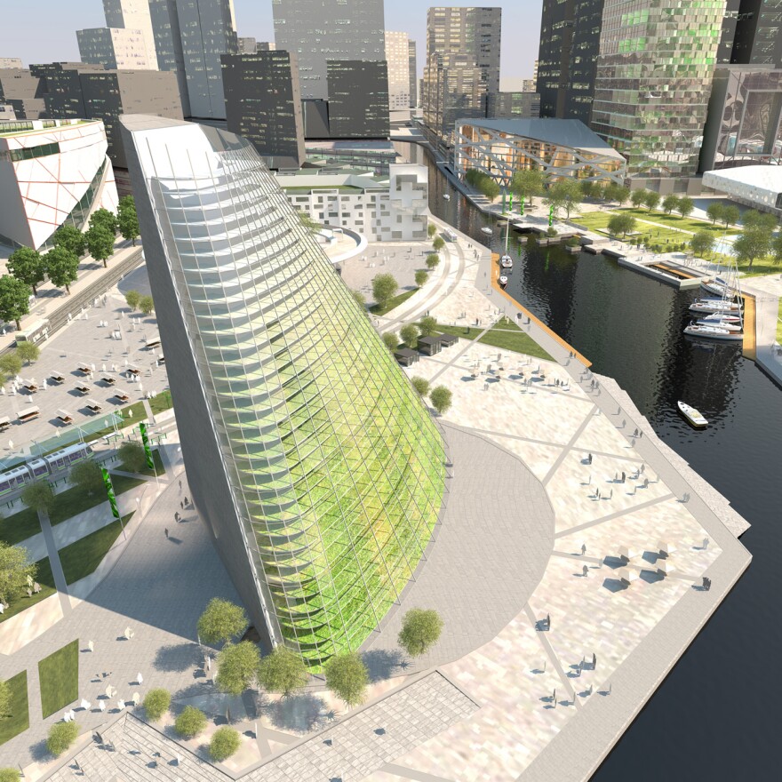 An illustration of the 177-feet vertical farm by Plantagon currently in the works for Linkoping, Sweden.