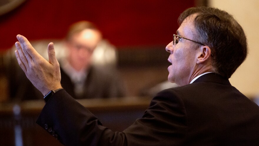 Defense attorney Steven Brody addresses the court during a hearing last month in Norman, Okla.